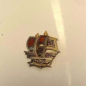 Vintage Gold Tone Galleon Ship Pin Brooch Enamel Sailing Ship Nautical